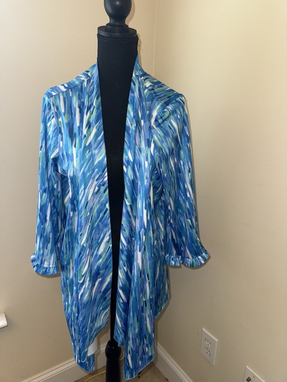 Slinky Brand Cardigan Womens Medium Blue Watercolor Print Open Front 1X Abstract